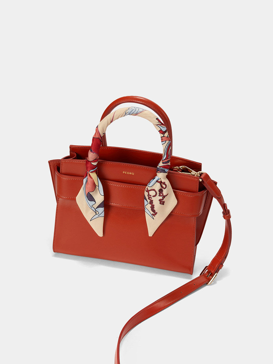 Orange Leather Handbag with Silk Scarf - Structured Trapezoid Tote Bag | Designer Belt Closure Satchel