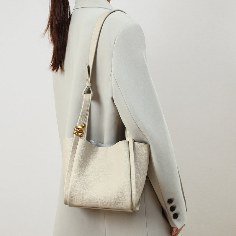 Cream Ivory Leather Tote Bag - Women's Shoulder Bag with Gold Knot Detail | Large Pebbled Leather Tote for Work & Everyday