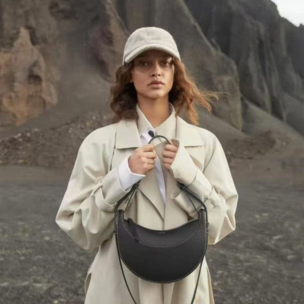 Polene Style Cream Crescent Bag - Half Moon Leather Shoulder Bag | Women's French Inspired Minimalist Hobo Bag with Adjustable Strap