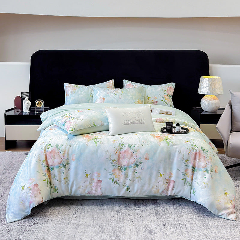 Luxury Floral Satin Bedding Set - Romantic Pink Purple Botanical Print Duvet Cover with Pillowcases - Silky Soft Egyptian Cotton Style Bed Linen Set for Queen King - Elegant Bedroom Decor
