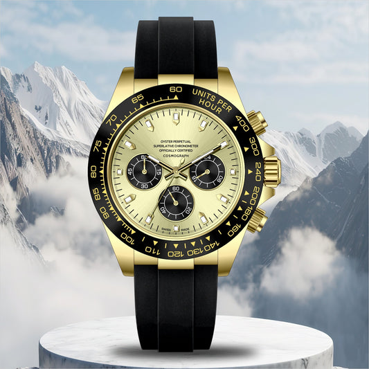 Luxury Chronograph Watch Men | Silver Dial Black Ceramic Bezel Rubber Strap | Oyster Perpetual Cosmograph Style