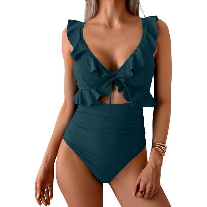 Teal Ruffle V-Neck Tie Front Cutout One Piece Swimsuit | High Waist Ruched Monokini | Women's Elegant Swimwear