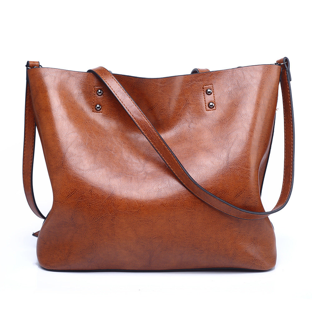 Cognac Brown Leather Tote Bag with Crossbody Strap | Vintage Style Shoulder Bag