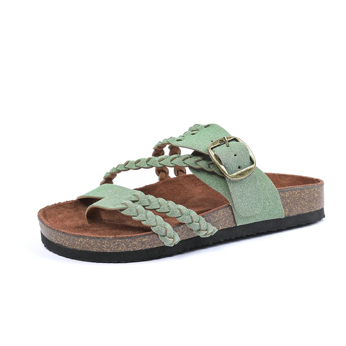 Cream Braided Strap Cork Footbed Sandals Gold Buckle Toe Post Flat Suede Sandal | Women Boho Summer Beach Casual Comfortable Everyday Fashion Sandals