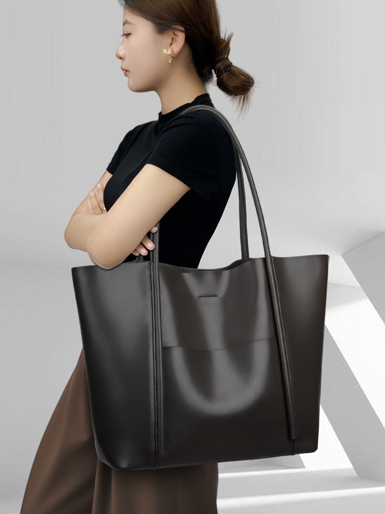 Black Leather Large Tote Bag with Front Pocket | Minimalist Shoulder Bag