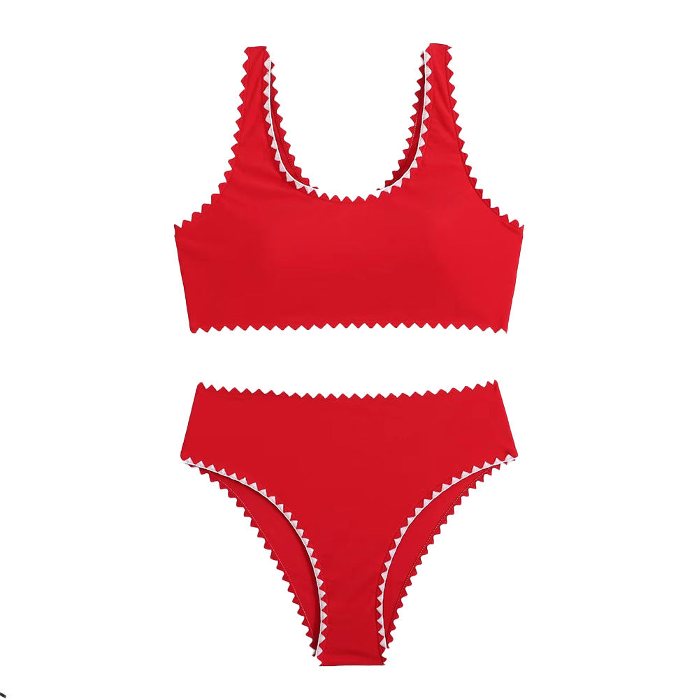 Women's Black Two Piece Bikini Set - Scoop Neck Crop Top & High Waist Bottoms with White Zigzag Trim Detail - Sporty Chic Swimsuit for Beach, Pool & Summer Vacation