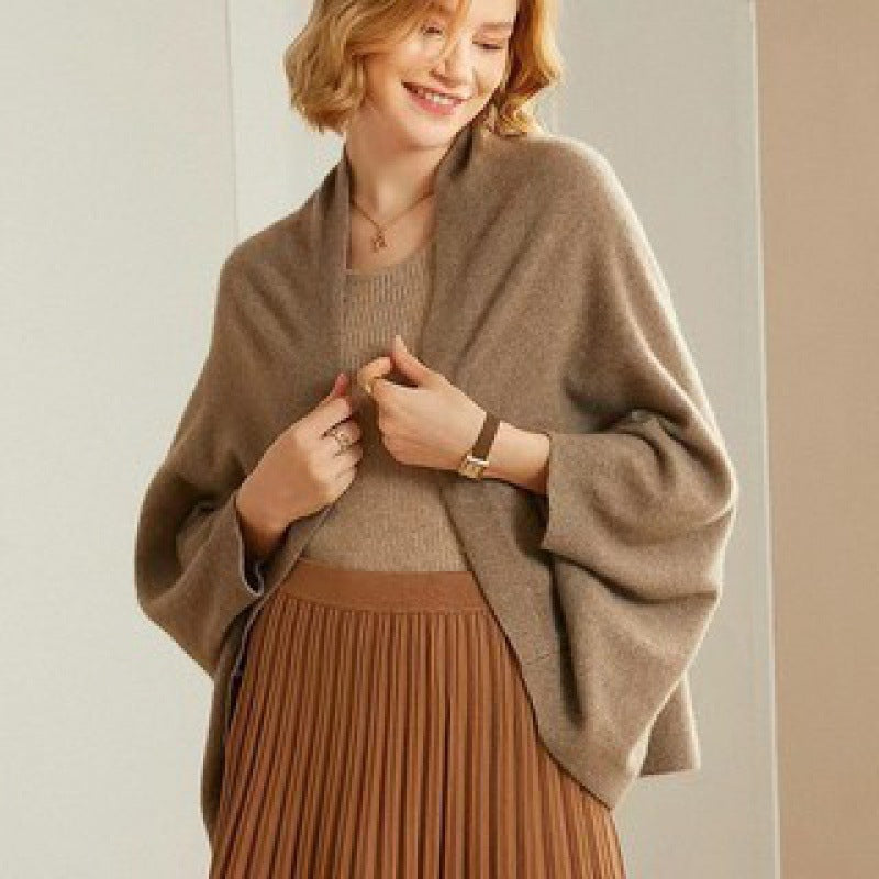 Women's Cashmere Wool Shawl Wrap Cardigan - Soft Knit Batwing Sleeve Poncho in Camel Brown - Elegant Oversized Shoulder Wrap Sweater for Fall Winter - Luxury Cozy Layering Piece