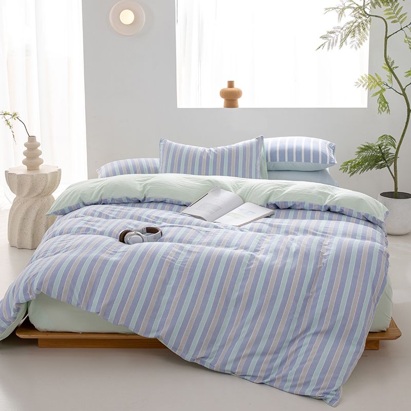 Blue Green Striped Bedding Set | Soft Cotton Duvet Cover with Pillowcases | Minimalist Aesthetic Bedroom Set Queen King