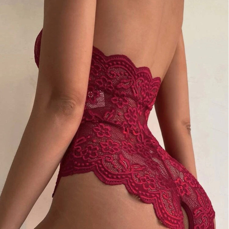 Burgundy Floral Lace Halter Neck Cutout Teddy | Wine Red Scallop Edge Bodysuit | Sexy One Piece Lingerie