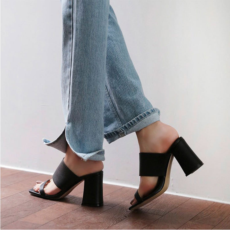 Black Leather Double Strap Wide Band Block Heel Mule Sandals | Women's Open Toe Chunky Heel Slip-On Shoes