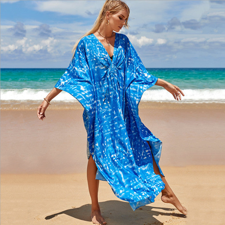 Kaftano lungo stampato da mare | Abito boho oversize con maniche a pipistrello e scollo a V | Copricostume da bagno da donna con fantasia tie-dye, zebrata o a foglie tropicali, in stili diversi
