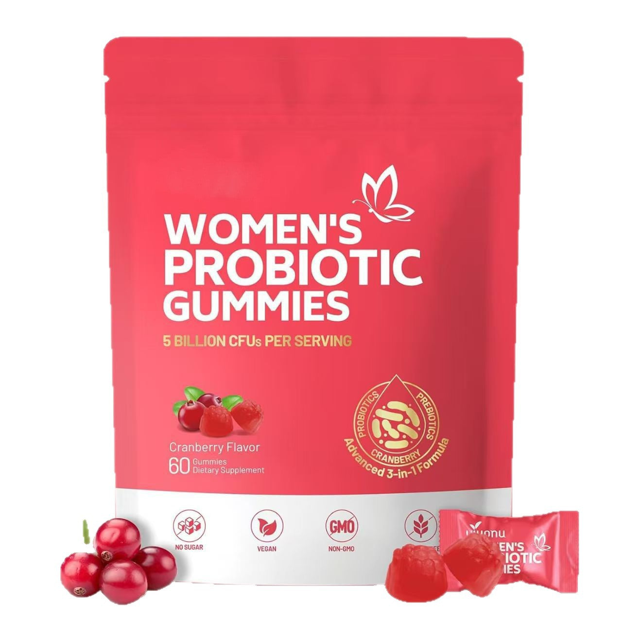 Women's Probiotic Gummies 5 Billion CFUs, Advanced 3-in-1 Cranberry Prebiotic & Probiotic Supplement, Vegan Non-GMO No Sugar Gut Health Gummy, Digestive & Vaginal Flora Support, 60 Count Daily Wellness