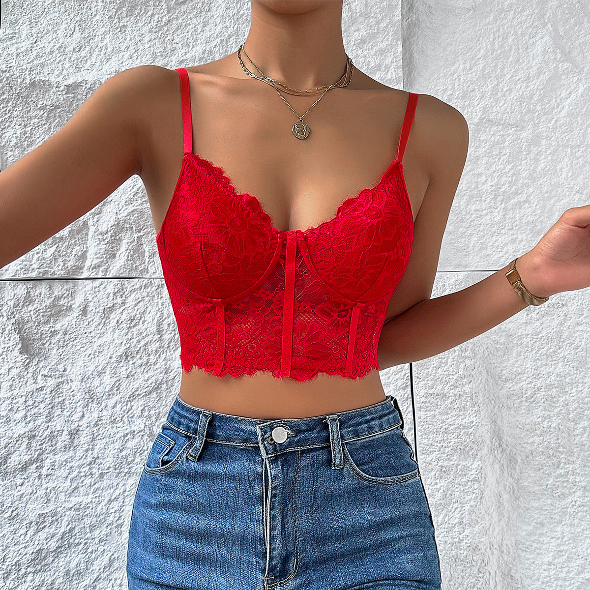 Orange Floral Lace Longline Bustier Bra Top | Scallop Edge Corset Crop Top | Women's Sexy Cami Bralette
