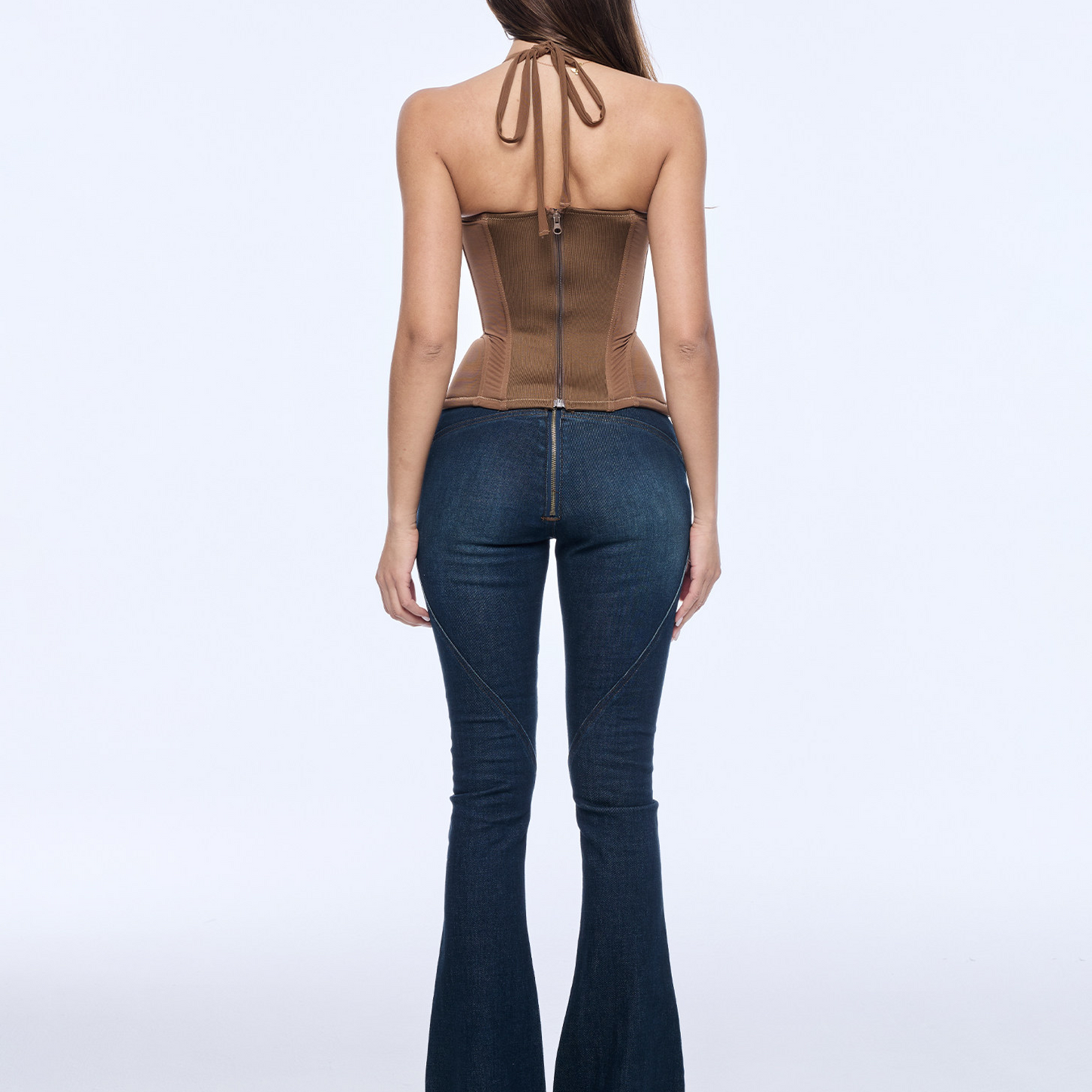 Womens Brown Lace Up Corset Bodysuit with Ruffle Neckline Halter Straps Boned Waist Cincher Bustier Top for Party Night Out and Fashion