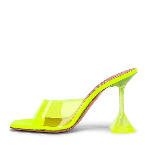 Clear PVC Transparent Sculptural Flared Heel Mule Sandals | Women's Lucite Open Toe Slip-On High Heel Shoes