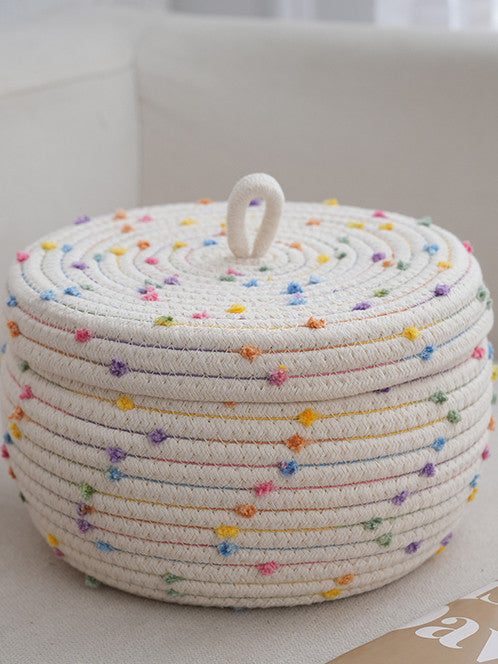 Woven Rope Storage Basket with Lid | Round Cotton Braided Organizer Box | Boho Desk Bathroom Bedroom Basket Beige