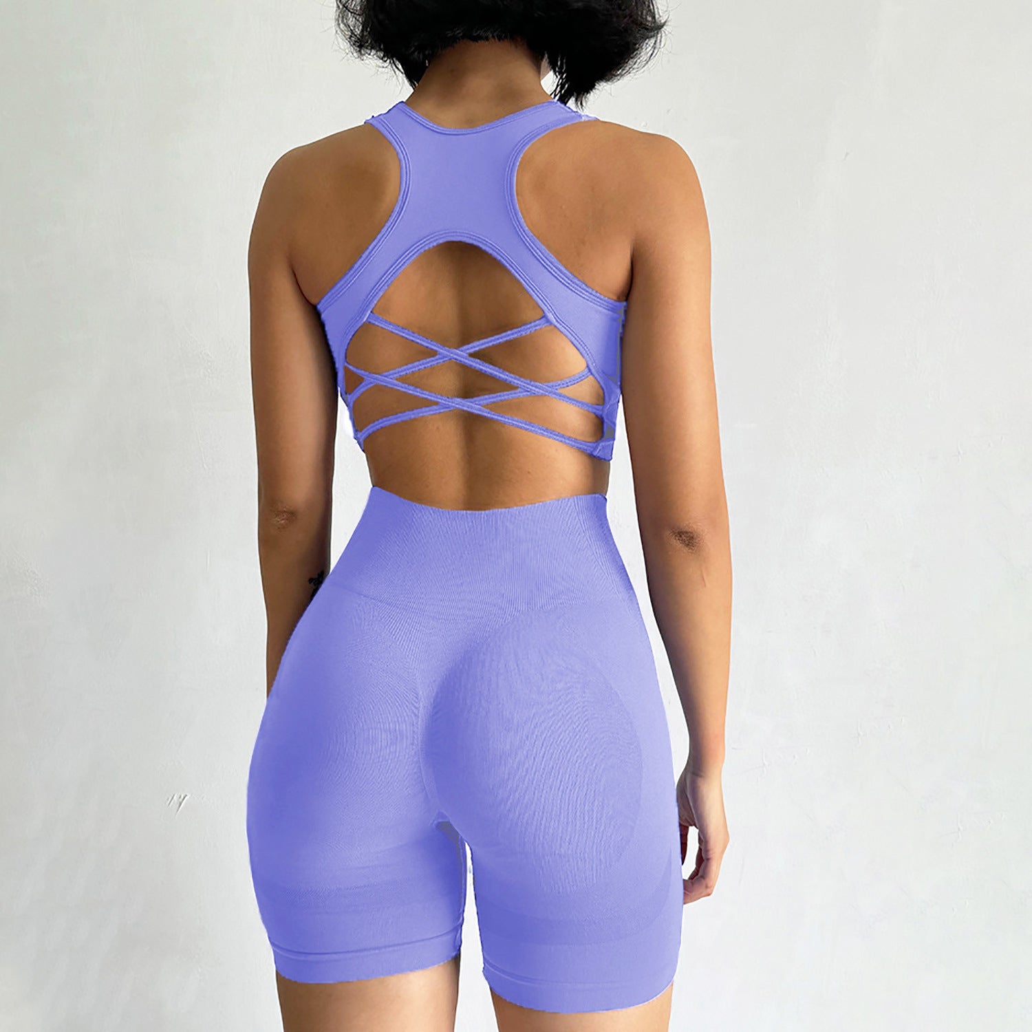Women's Seamless Workout Set - Cross Back Sports Bra & High Waist Biker Shorts | Breathable Mesh Gym Activewear 2 Piece Set