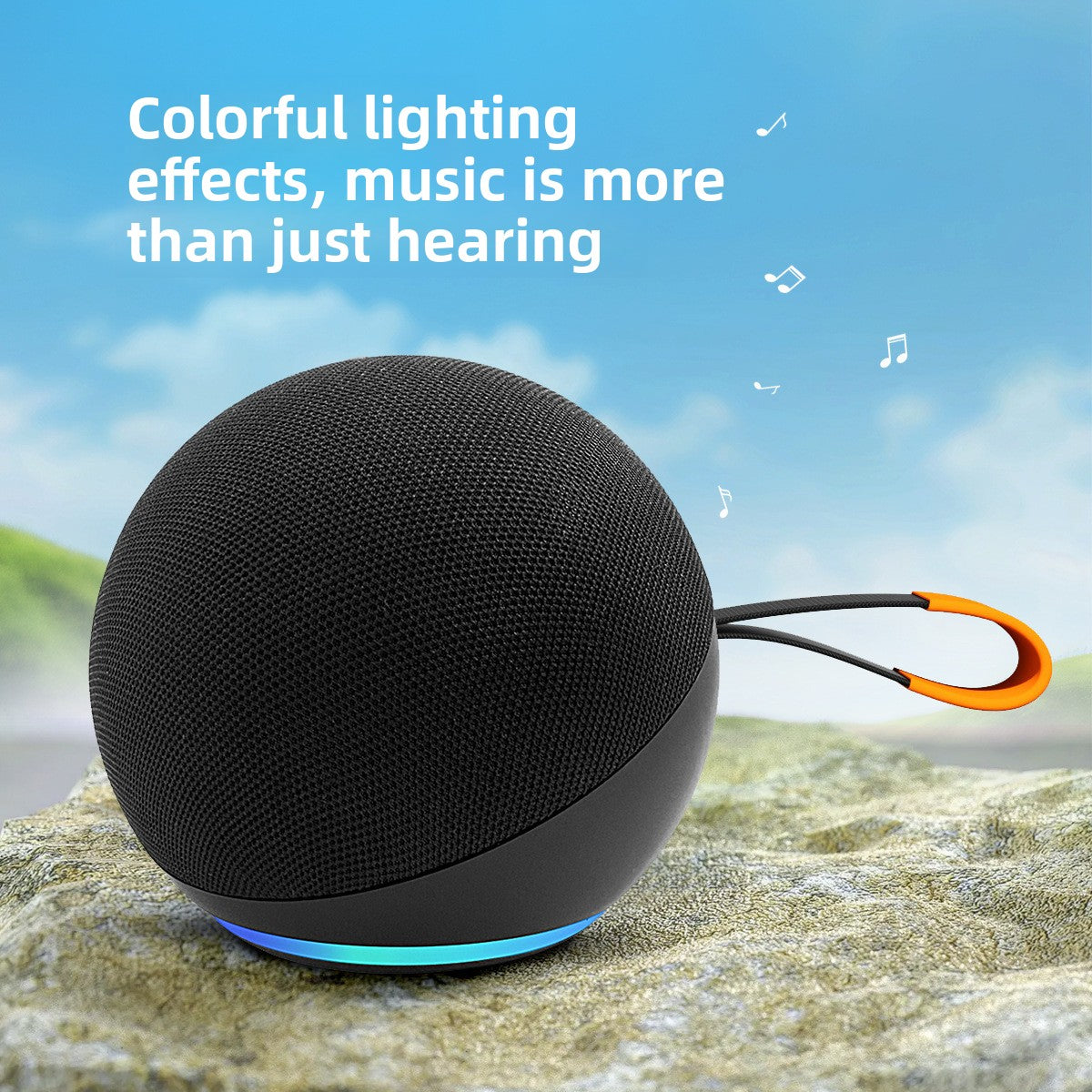 Spherical RGB LED Portable Bluetooth Speaker Colorful Lighting Effects Ball Shape Fabric Mesh Carabiner Hook Wireless Outdoor Waterproof 360 Stereo Sound for Camping Hiking Travel Beach Party iPhone Android