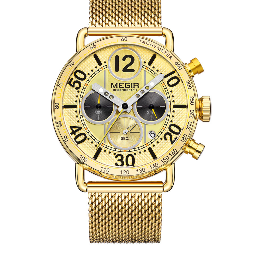 MEGIR Chronograph Men's Watch | Sky Blue Dial Gold Mesh Bracelet Tachymeter Multifunction Sport Luxury Timepiece