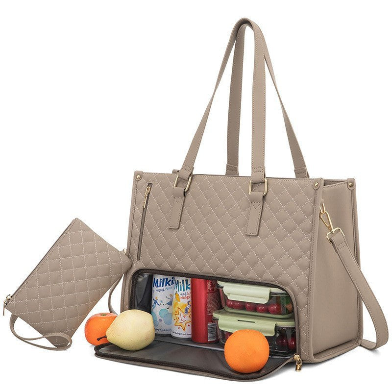Black Quilted Insulated Lunch Tote Bag with Pouch | Large Thermal Cooler Handbag for Women | Work & Picnic Bag
