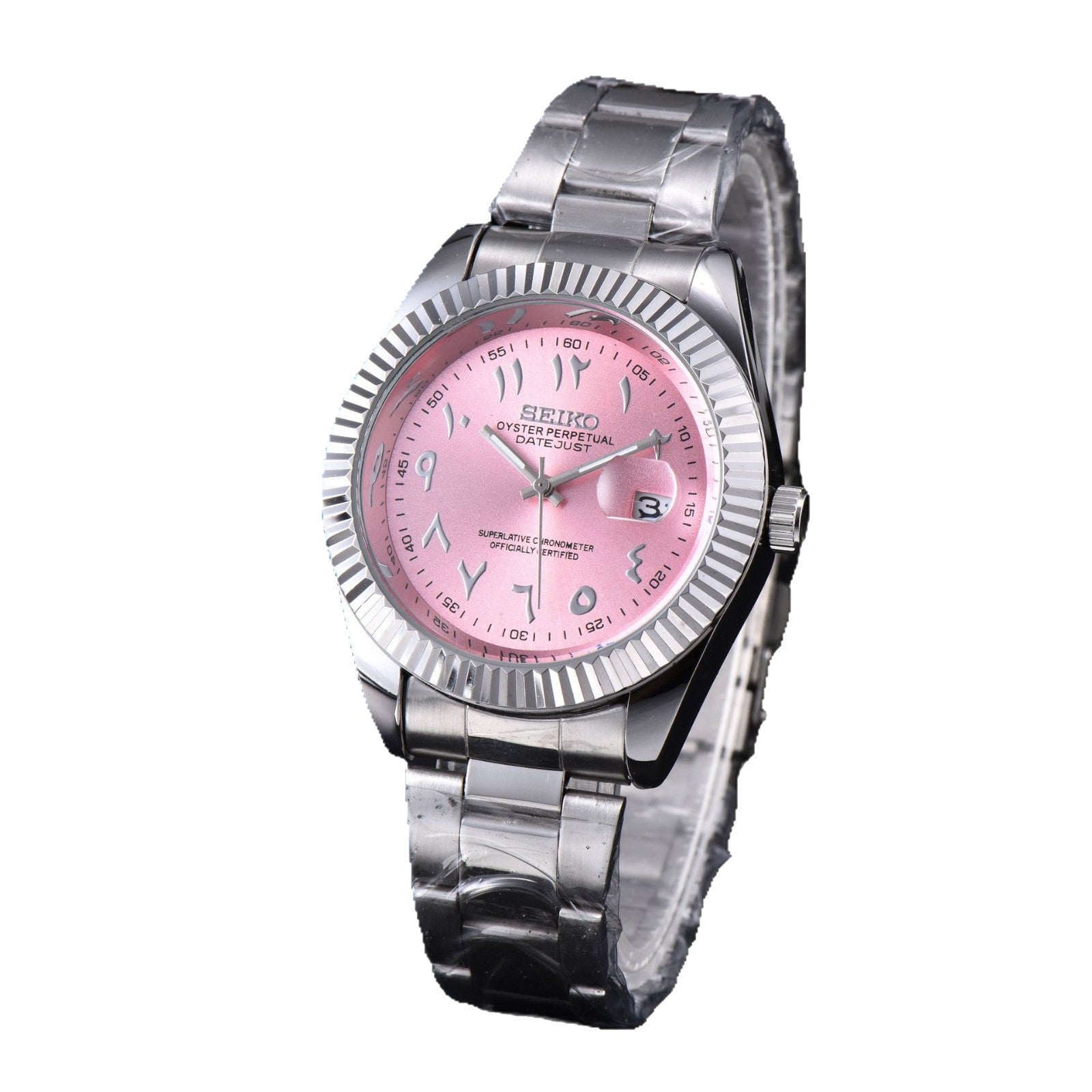 Men's Silver Luxury Dress Watch | Fluted Bezel Arabic Numeral Black Dial Jubilee Bracelet Date Watch