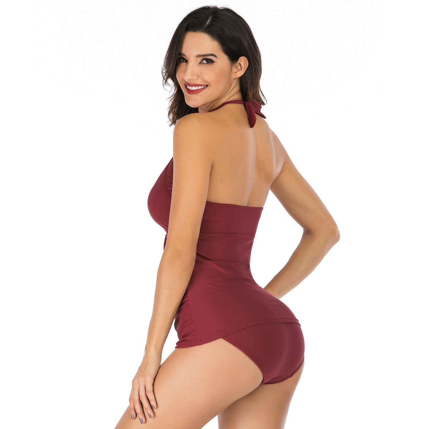 Women's Black Halter Tankini Swimsuit Set | Ruched V-Neck Tankini Top & Ruched Bikini Bottom | Tummy Control Two-Piece Swimwear