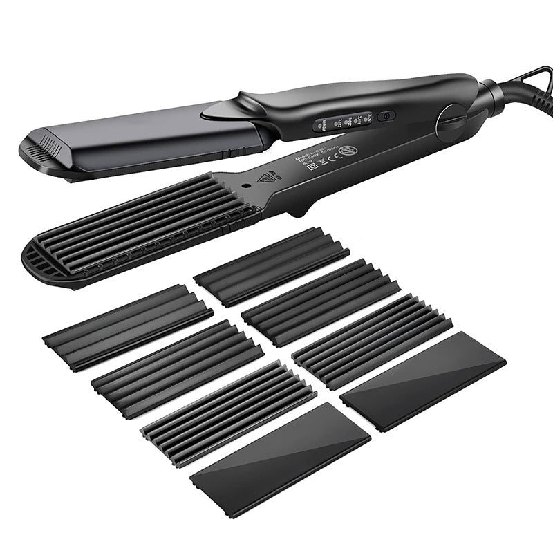 4-in-1 Interchangeable Plate Hair Straightener & Crimper Set | Multiple Wave Crimp Flat Straight Plates | Professional Ceramic Ionic Hair Styling Iron with Adjustable Temperature | All Hair Types