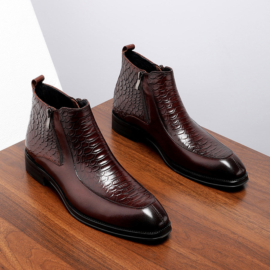 Men's Black Scale Embossed Square Toe Side Zip Ankle Boots