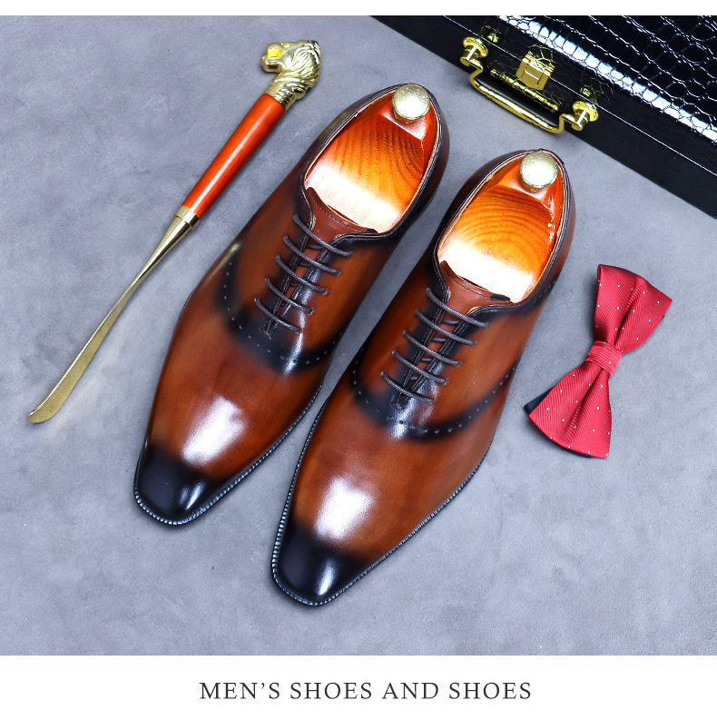 Men's Genuine Leather Oxford Dress Shoes | Black, Tan & Coffee Patina Lace-Up Formal Shoes