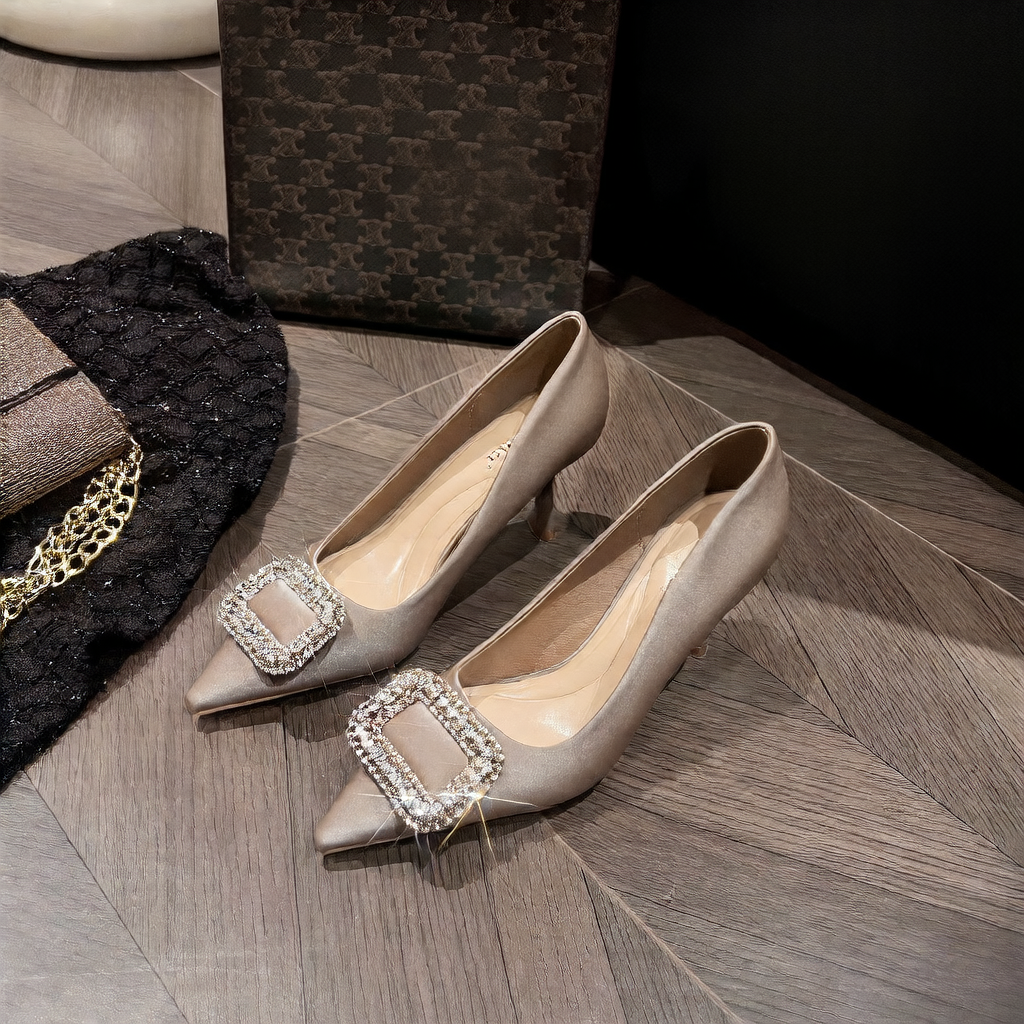 Black Satin Pointed Toe Stiletto Pumps with Square Crystal Rhinestone Buckle | Elegant Luxury Heels for Women
