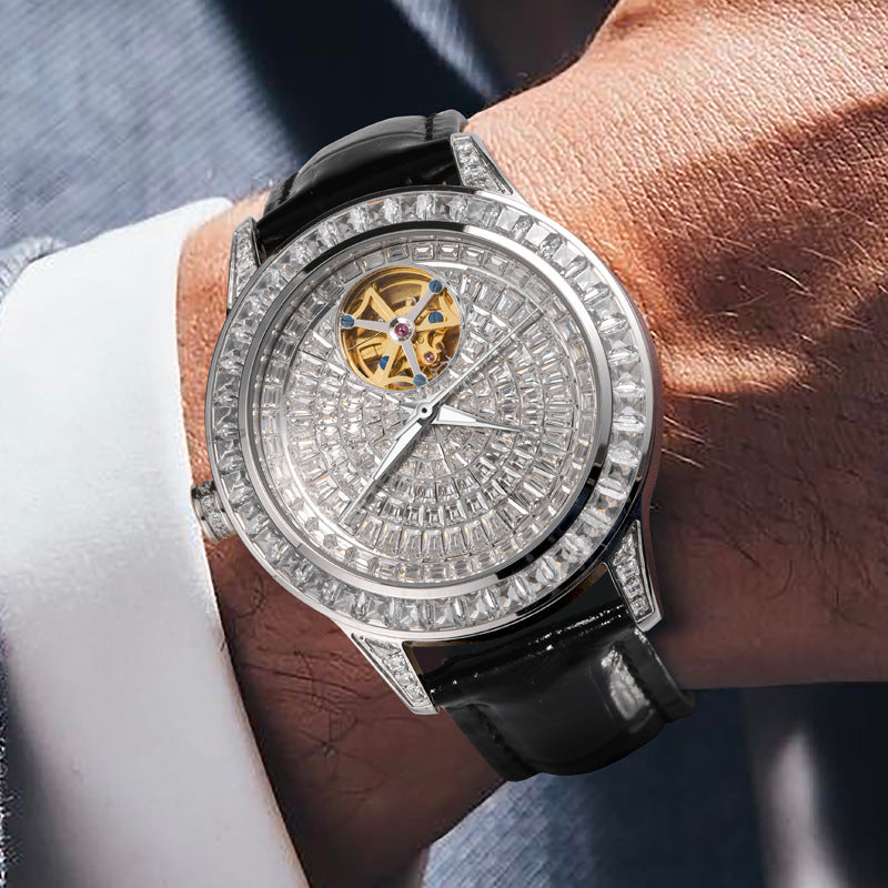 Black Tourbillon Automatic Mechanical Watch Crystal Bezel 3D Textured Dial Black Leather Strap | Men Luxury Skeleton Gold Movement Dress Wrist Watch