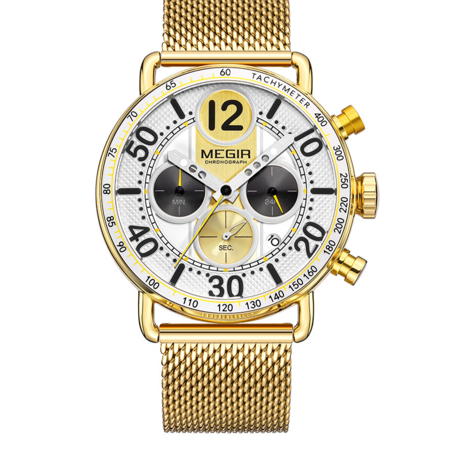 MEGIR Chronograph Men's Watch | Sky Blue Dial Gold Mesh Bracelet Tachymeter Multifunction Sport Luxury Timepiece