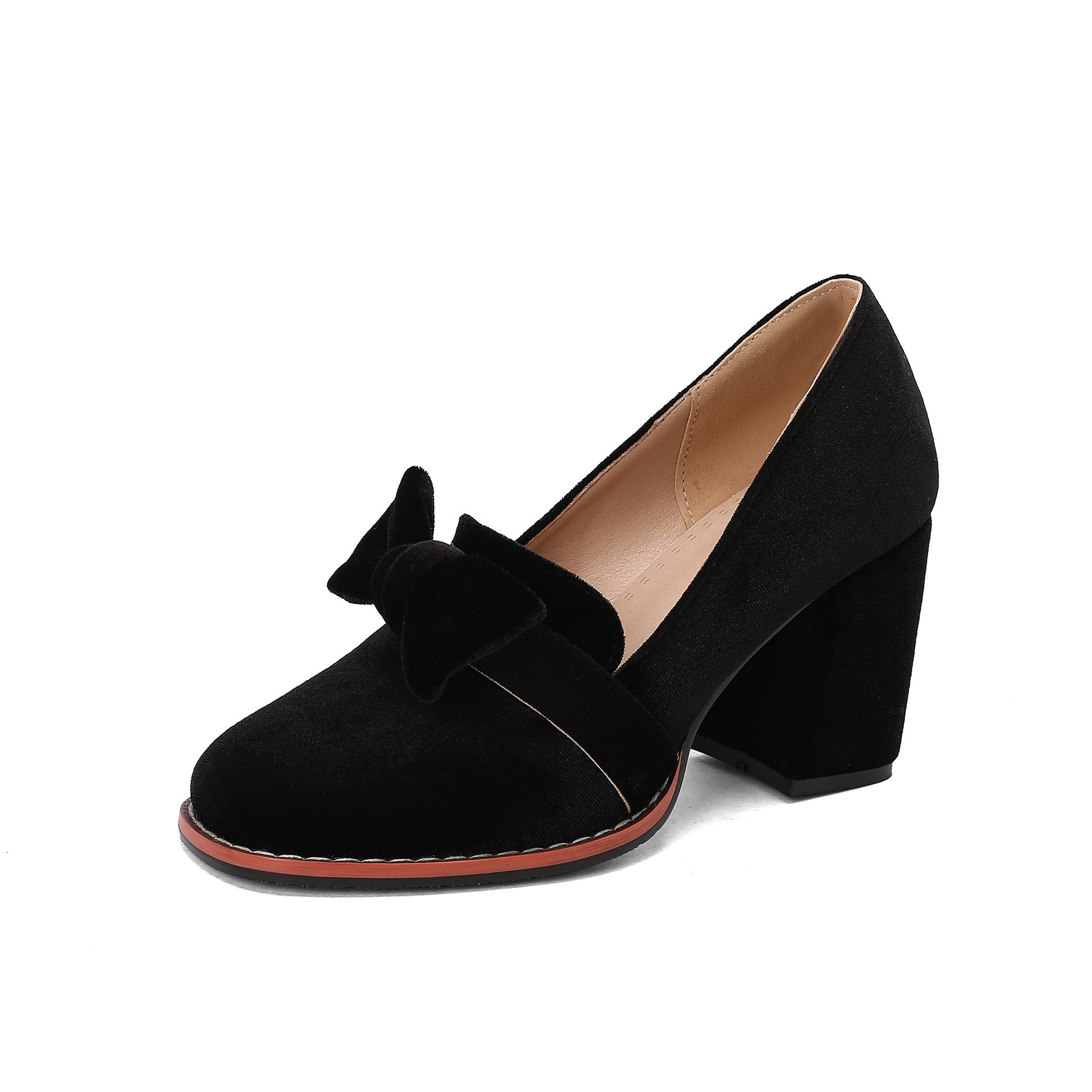 Magenta Velvet Bow Loafer Block Heel Pumps | Women's Round Toe Slip-On Chunky Heel Shoes | Luxury Velvet Party Heels