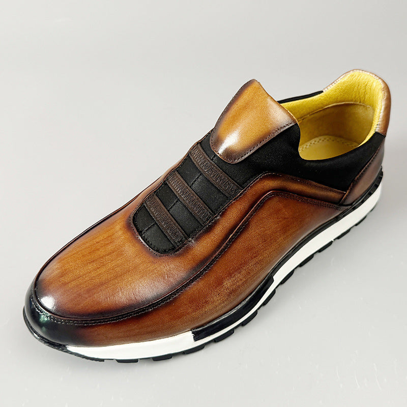 Men's Luxury Leather Slip-On Sneakers | Cognac Patina Casual Shoes with Elastic Band & Suede Detail | Premium Handcrafted Loafer Sneakers
