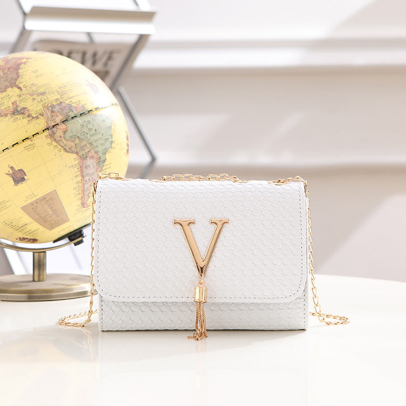 Beige Python Embossed Crossbody Bag with V Logo - Chain Strap Evening Bag with Gold Tassel | Designer Inspired Clutch