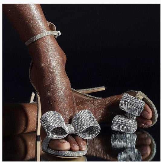 Silver Glitter Bow Stiletto Sandals Women Rhinestone Open Toe Ankle Strap High Heel Party Prom Wedding Shoes