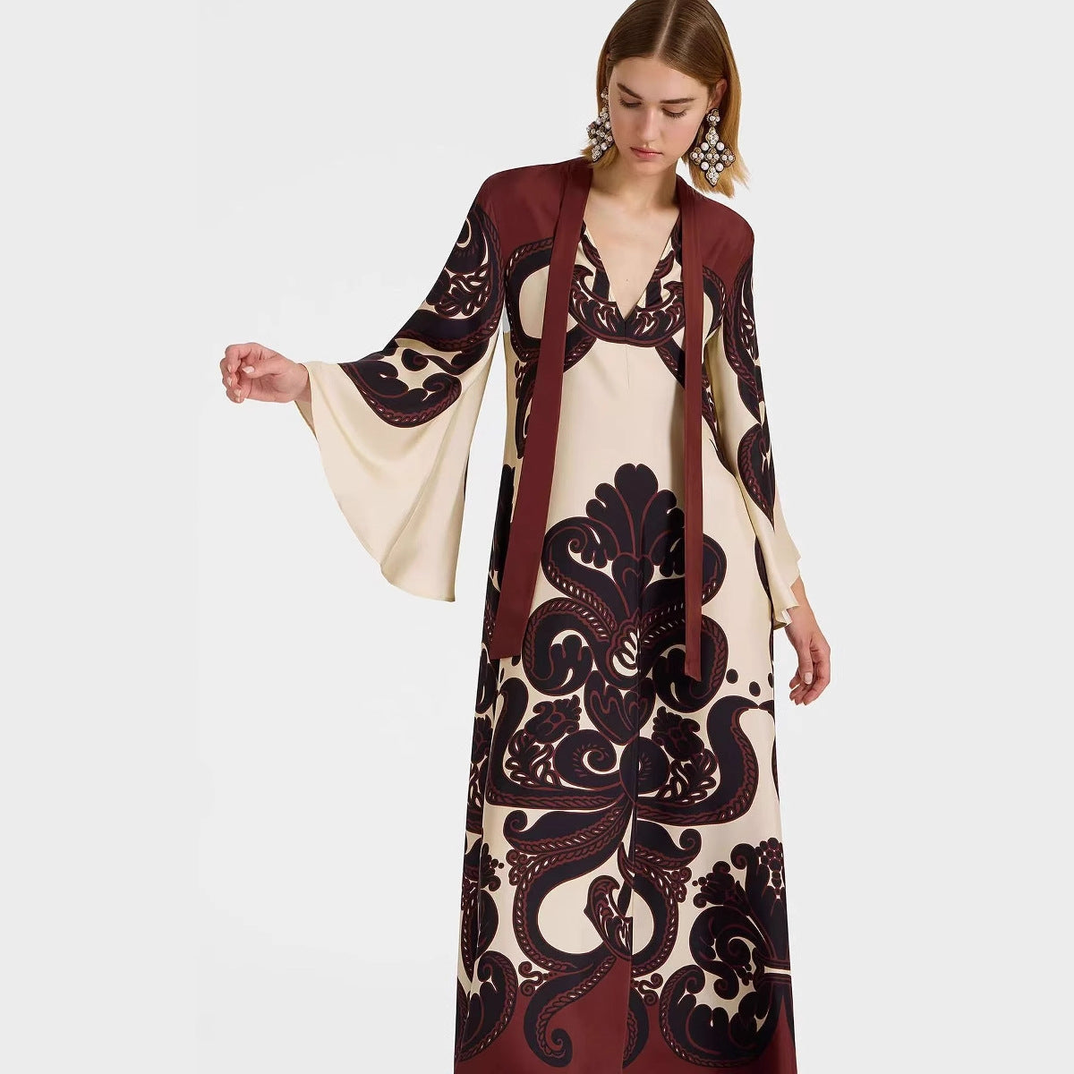 Baroque Damask Print Maxi Dress | Flared Bell Sleeves & Tie Neck | Luxury Cream Burgundy Boho Elegant Long Dress for Women