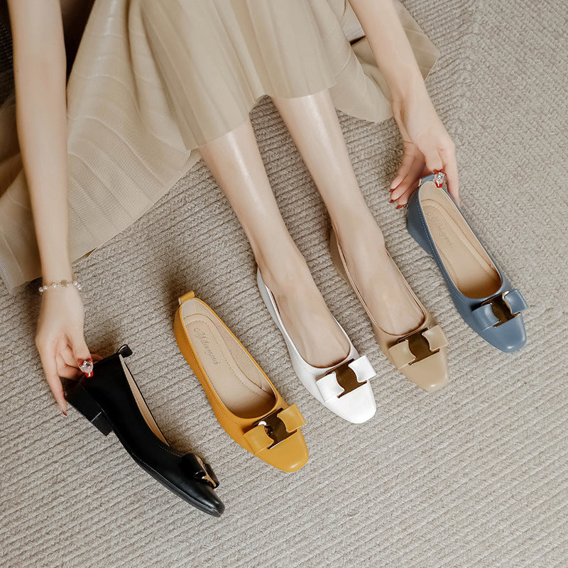 Beige Bow Flat Pumps Women Square Toe Low Heel Dress Shoes Slip-On Office Work Loafers