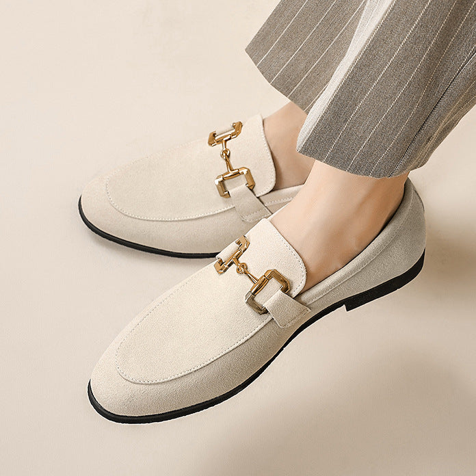 Beige Suede Horsebit Loafers for men| Gold Chain Slip-On Flat Shoes | Elegant Office Casual Footwear