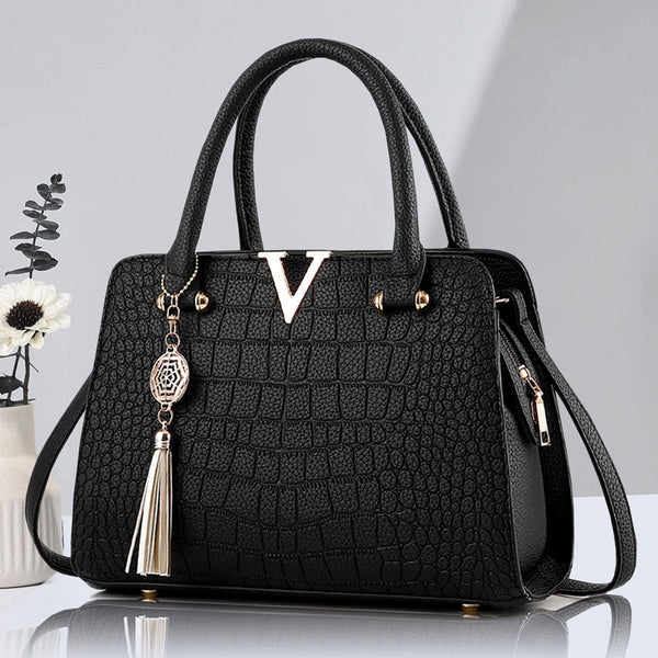 Black Crocodile Pattern Handbag with Gold V Hardware & Tassel | Luxury Women's Shoulder Satchel