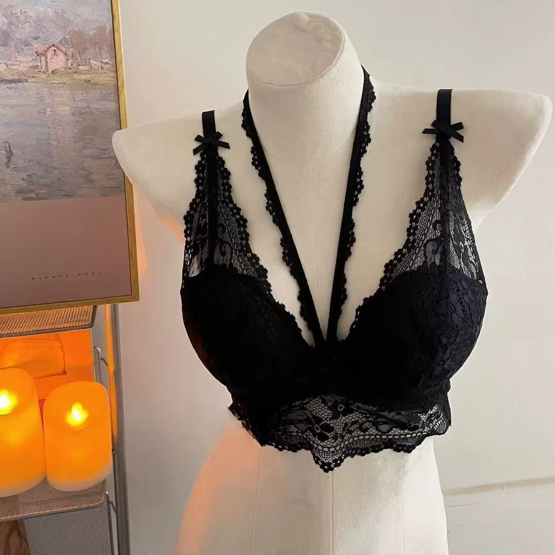 Black Deep Plunge Halter Lace Bralette | Strappy V Neck Wirefree Bra | Women's Sexy Longline Floral Lingerie Bralette