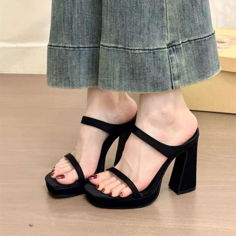 Black Double Strap Platform Block Heel Mule Sandals | Women's Open Toe Chunky High Heel Slides