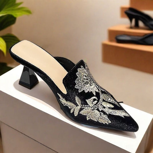 Black Floral Embroidered Pointed Toe Mule Heels for Women | Gold Flower Embroidery Slip-On Block Heel Mules | Elegant Sculptural Heel Backless Shoes | Luxury Artistic Embroidered Heels
