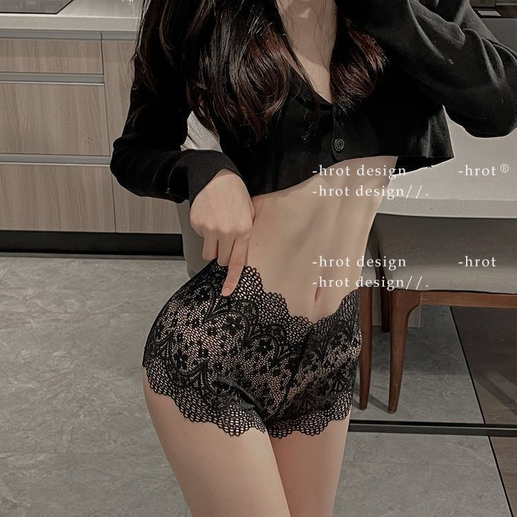 Black Floral Lace Boyshort Panties | Sheer Scalloped Edge Shorts Underwear | Women's Sexy Lace Hipster Briefs