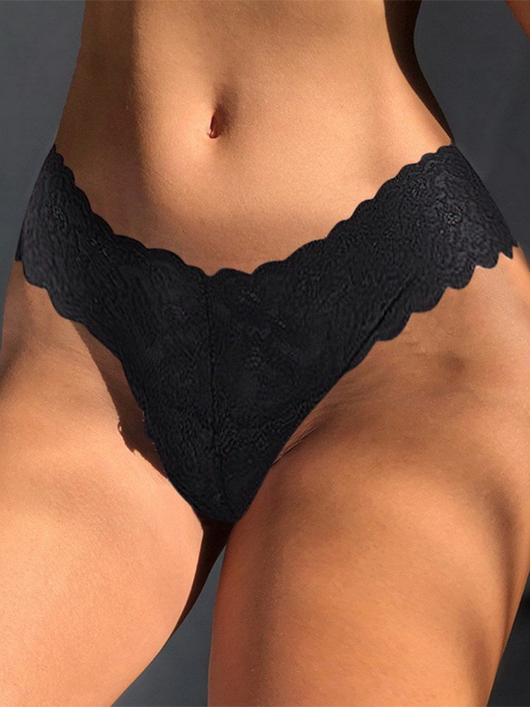 Black Full Lace Thong for Women Sexy Scalloped Waistband V Cut Cheeky Panties Floral Lace Underwear