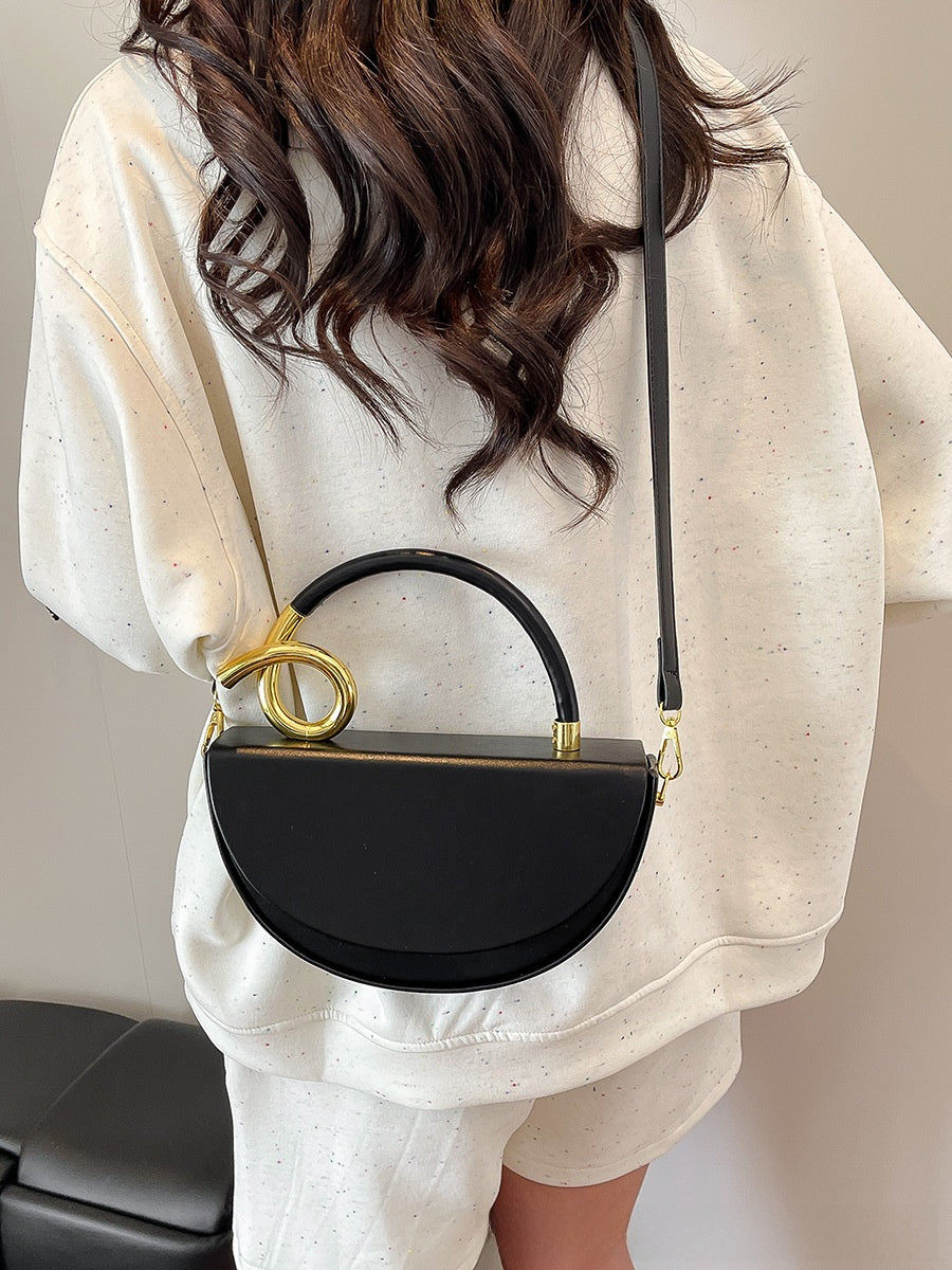 Black Half Moon Crossbody Bag with Gold Ring Handle | Mini Bag