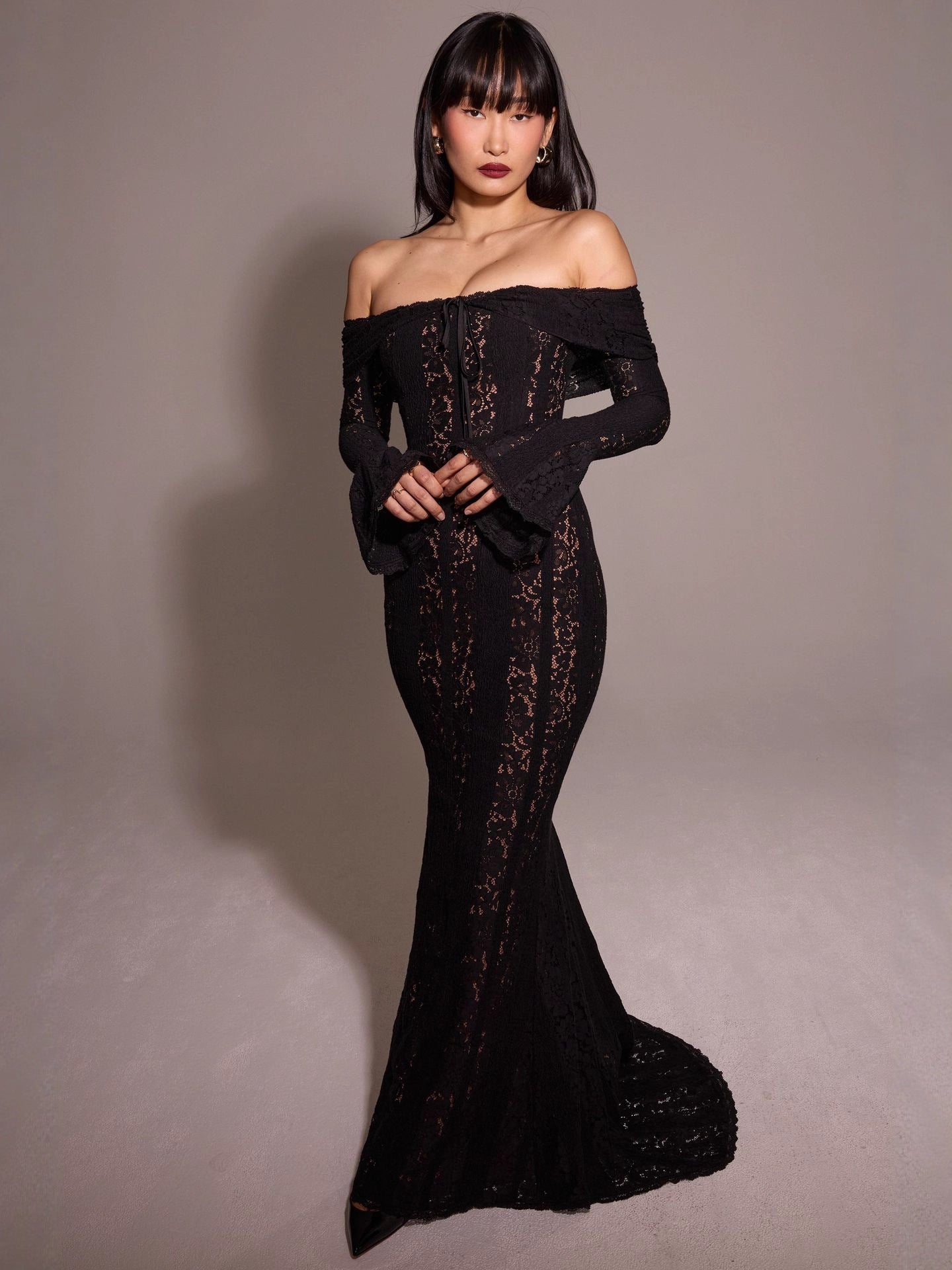 Black Lace Off Shoulder Mermaid Maxi Dress Bell Sleeve Corset Bodycon Gown | Women Elegant Evening Formal Wedding Guest Party Dress