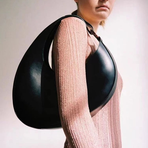 Black Leather Crescent Shoulder Bag for Women | Oversized Hobo Moon Bag Minimalist Tote