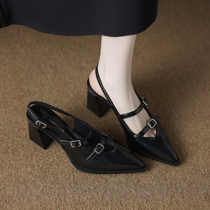 Black Leather Double Buckle Strap Pointed Toe Slingback Block Heel Pumps | Women's Mary Jane Style Mid Heel Shoes