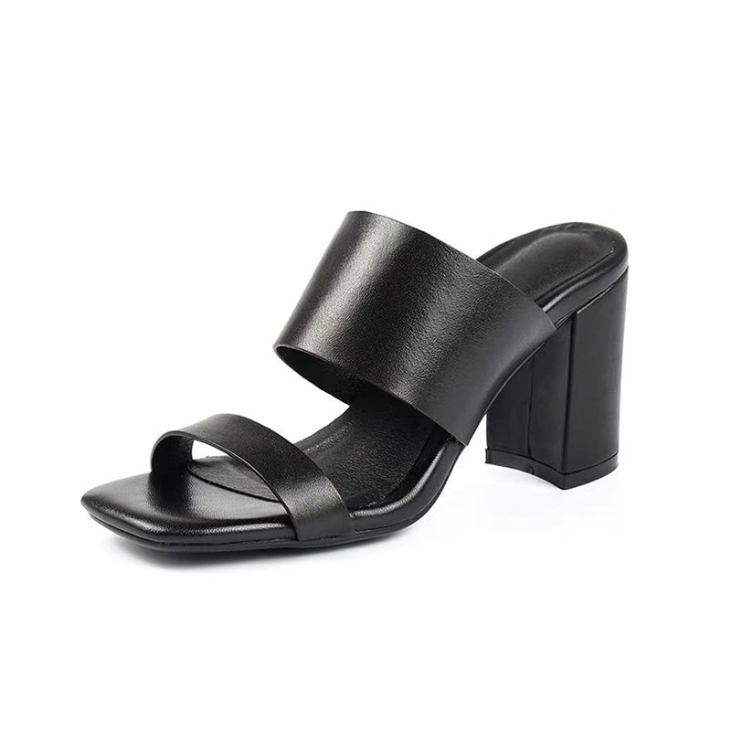 Black Leather Double Strap Wide Band Block Heel Mule Sandals | Women's Open Toe Chunky Heel Slip-On Shoes